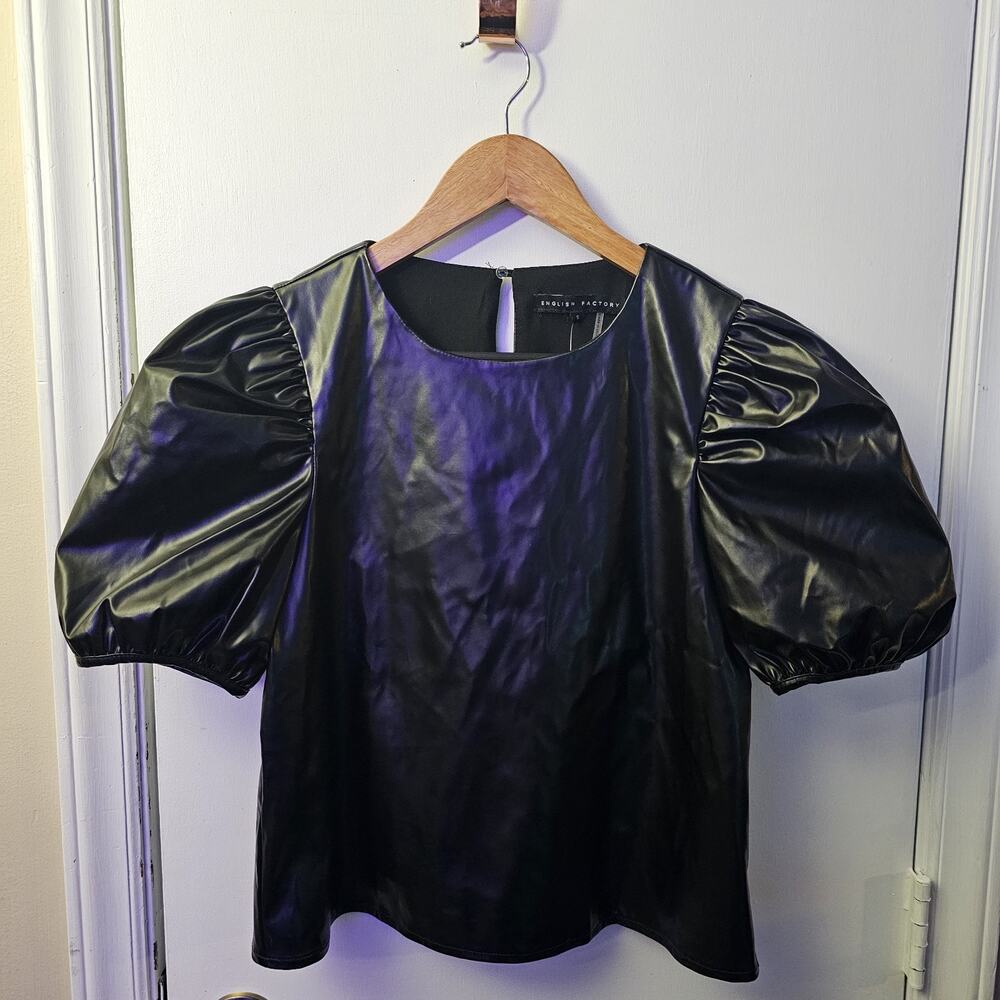 NEW Latex Look Lined Puff Sleeve Crop Top Size S Stretch Gothic Alternative